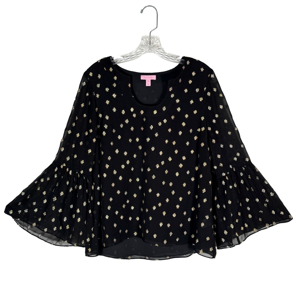 LILLY PULITZER Amory Top 28745 Black Silk & Metallic Gold w/ Bell Sleeves Size M